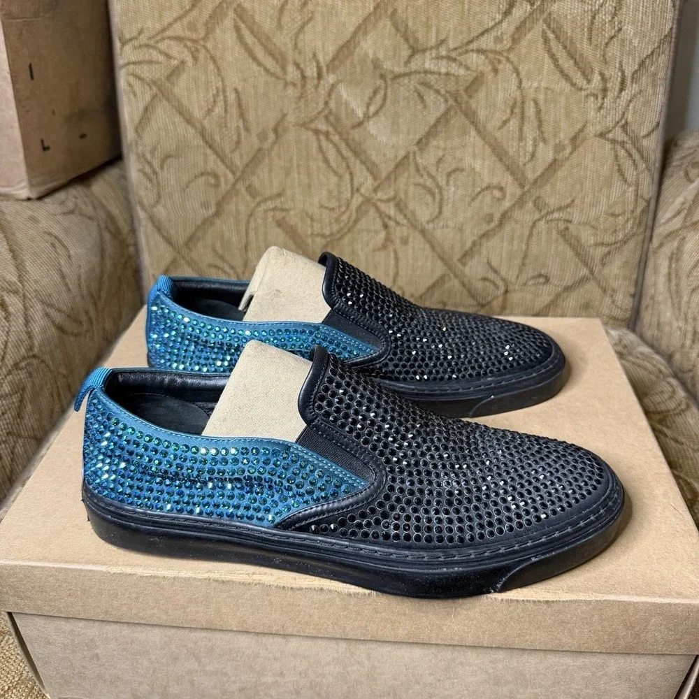 Gucci 368512 Crystal Satin Slip-On Sneakers Black Teal Men's US 7 UK 6 G Fit